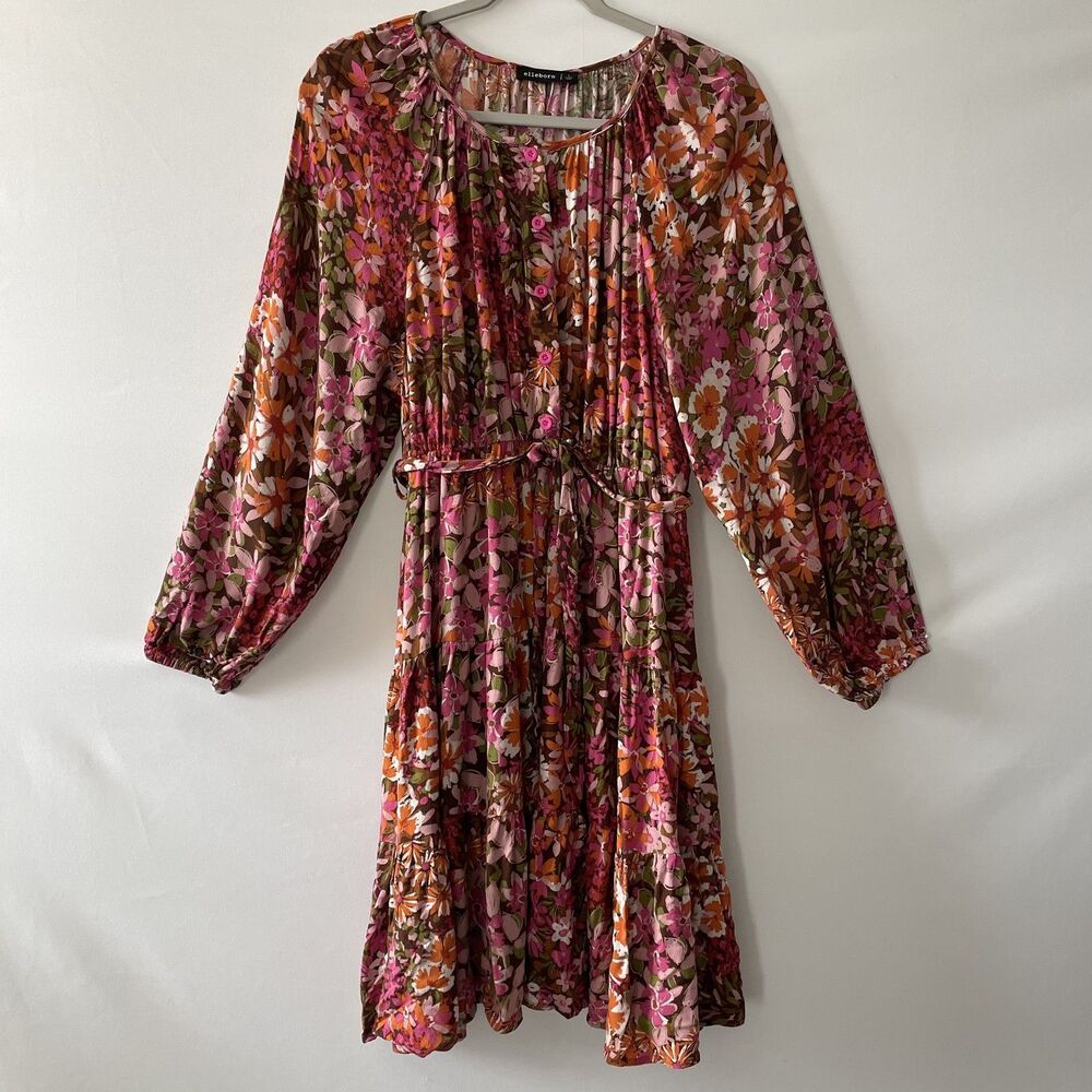 Elleborn Floral Tiered Dress Long Sleeve Tie Waist Rayon Size L